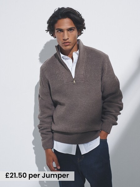 Brown/Navy Blue - 2 Pack Quarter Zip Neck Jumpers with Wool (F59535) | £43