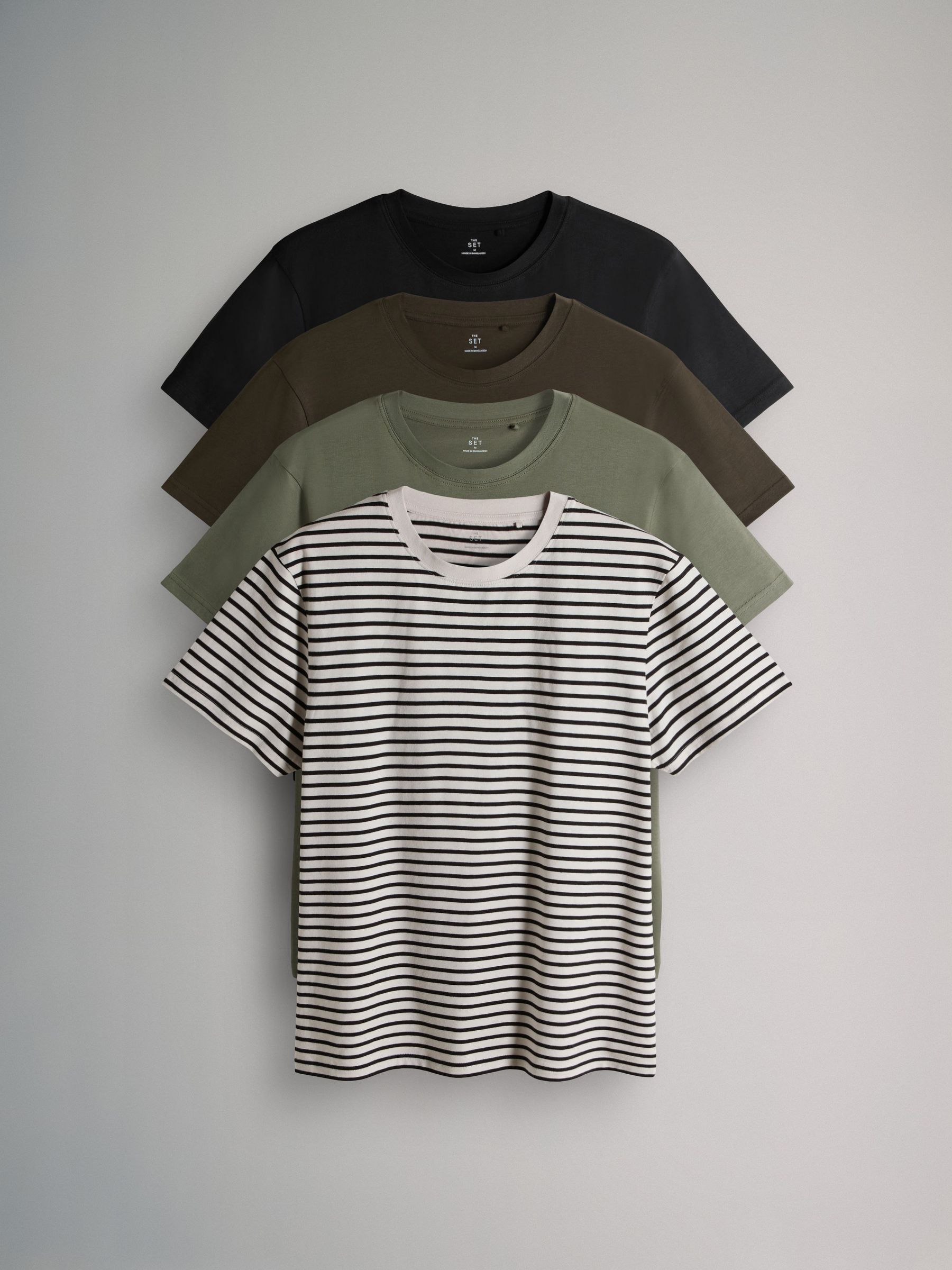Black/Khaki/Green/Stripe - Regular Fit - 4 Pack Short Sleeve Cotton T-Shirts (F59541) | £22