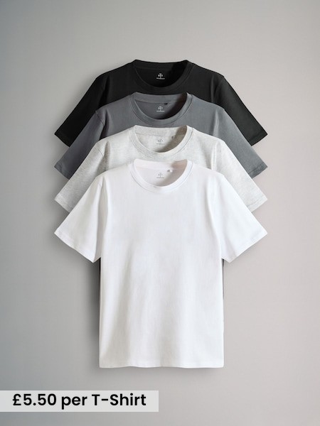 Black/Grey/White - Regular Fit - 4 Pack Short Sleeve Cotton T-Shirts (F59542) | £22