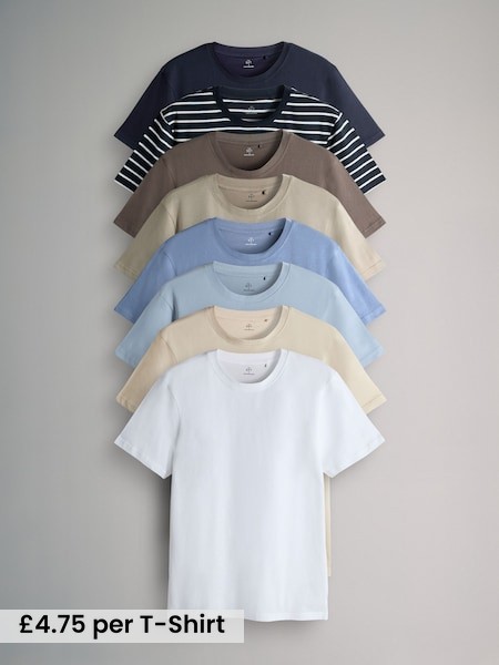 Navy Blue/Brown/Cream/White/Stripe - 8 Pack Regular Short Sleeve Cotton T-Shirts (F59545) | £38