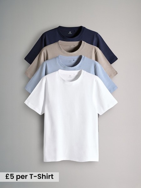 Navy Blue/Brown/White - Slim Fit - 4 Pack Short Sleeve Cotton T-Shirts (F59555) | £20