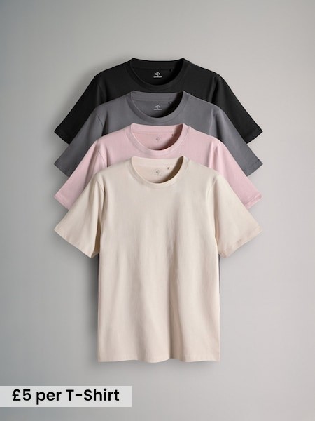 Black/Grey/Pink/Cream - Slim Fit - 4 Pack Short Sleeve Cotton T-Shirts (F59557) | £20