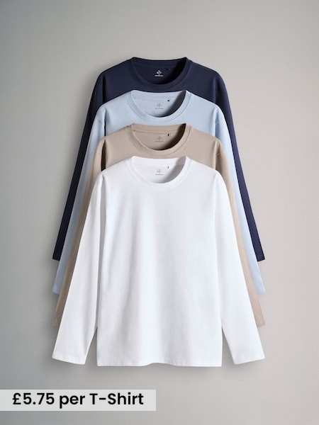 Navy Blue/Brown/White - 4 Pack Regular Long Sleeve Cotton T-Shirts (F59559) | £23