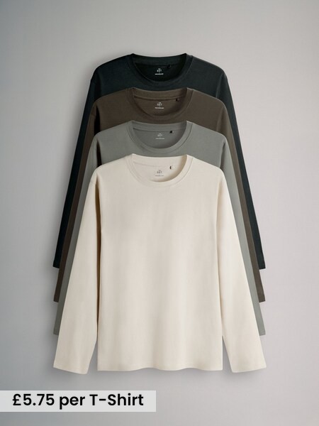 Black/Cream/Green/Khaki 4 Pack Regular Long Sleeve Cotton T-Shirts (F59560) | £23