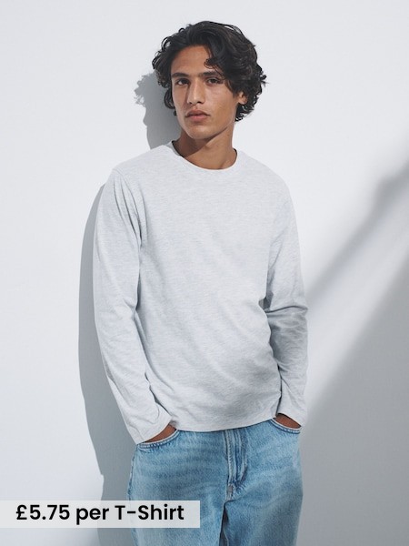 Black/Charcoal/Grey Marl/White - 4 Pack Regular Long Sleeve Cotton T-Shirts (F59561) | £23