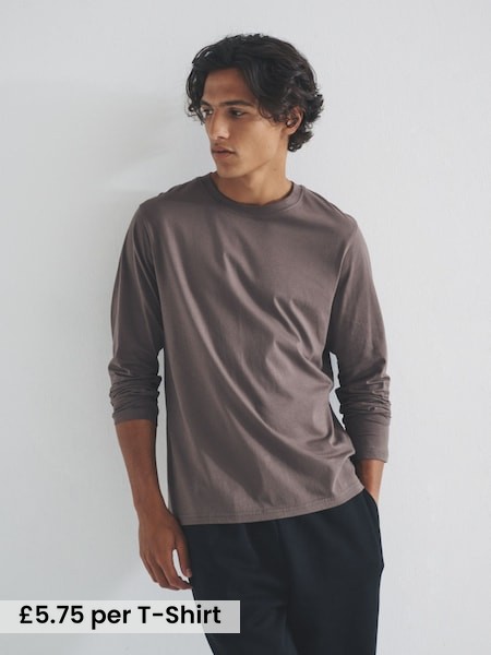 Black/Cream/Brown/White - 4 Pack Regular Long Sleeve Cotton T-Shirts (F59562) | £23