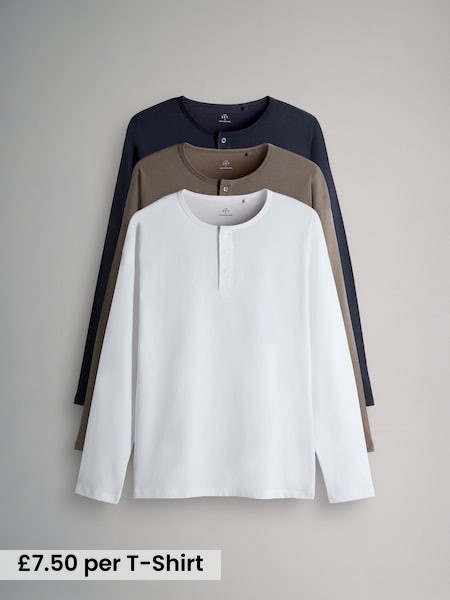 Navy Blue/Brown/White - 3 Pack Long Sleeve Cotton Henley T-Shirts (F59565) | £22.50