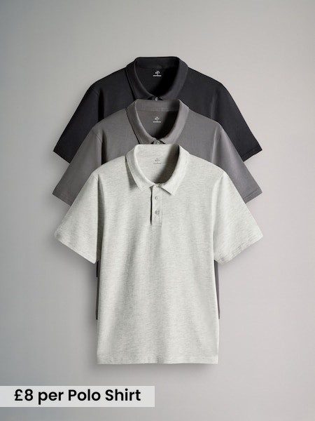 Black / Charcoal / Grey marl - 3 Pack Short Sleeve Cotton Jersey Polo Shirts (F59567) | £24