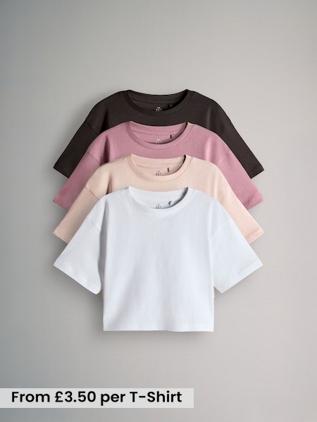 Brown/Pink/White - 4 Pack Cropped Oversized Short Sleeve Cotton T-Shirts (F59638) | £14 - £17