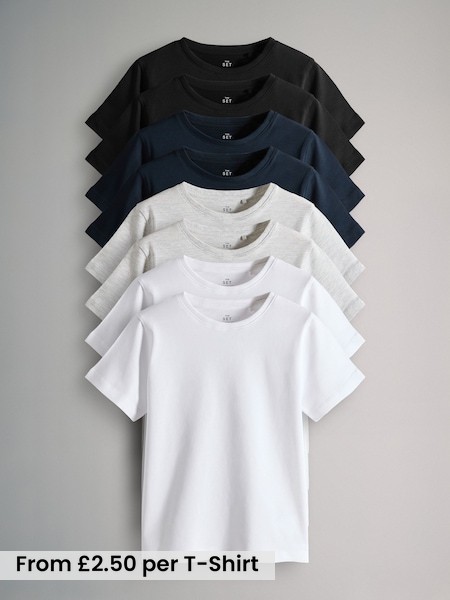 Black/Navy Blue/Grey Marl/White - 8 Pack Regular Short Sleeve Cotton T-Shirts (F59641) | £20 - £25