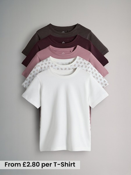 Brown/Red/Pink/White - 5 Pack Regular Short Sleeve Cotton T-Shirts (F59643) | £14 - £17
