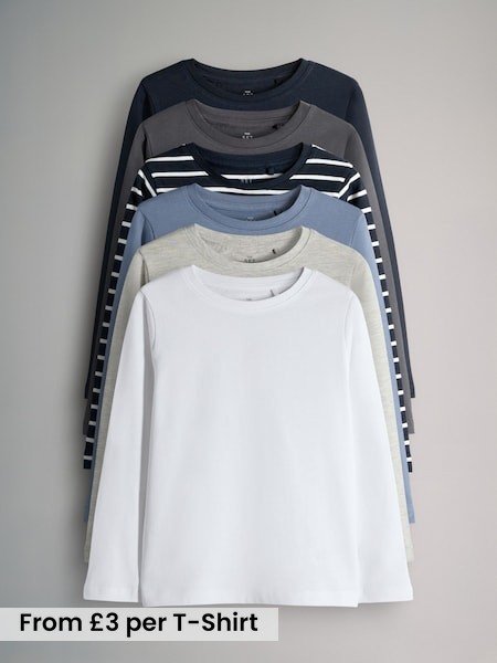 Navy/Grey/Blue/Grey Marl/White - 6 Pack Regular Cotton T-Shirts (F59645) | £18 - £22