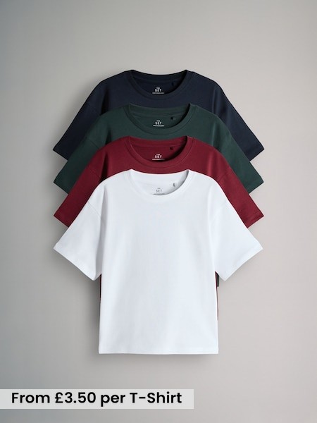 White/Red/Green/Navy Blue - 4 Pack Oversized Short Sleeve Cotton T-Shirts (F59647) | £14 - £17