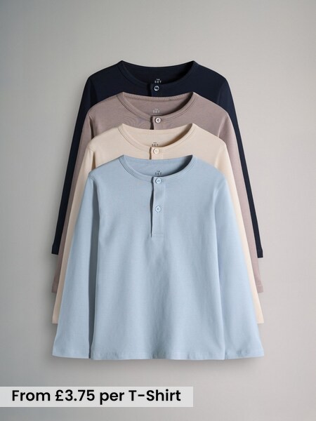 Navy/Brown/Blue/Cream - 4 Pack Long Sleeve Cotton Henley T-Shirts (F59649) | £15 - £18