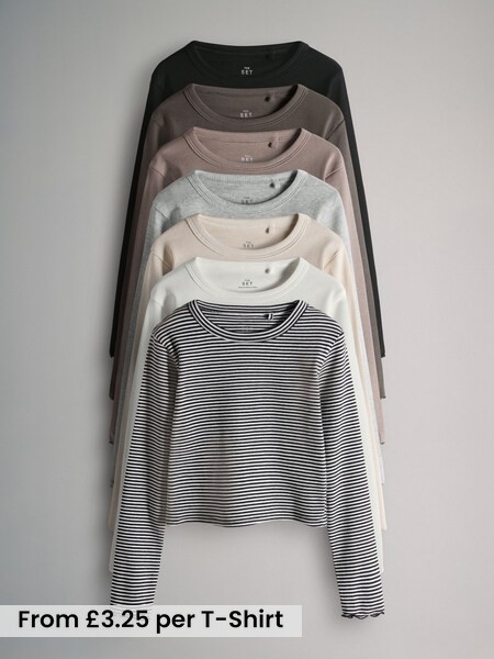 7 Pack Cotton Rib Long Sleeve Cropped T-Shirts (F59654) | £22.75 - £32