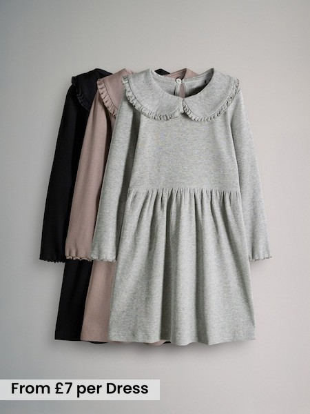 Black/Brown/Grey Marl - 3 Pack Rib Long Sleeve Collar Dresses (F59663) | £21 - £27