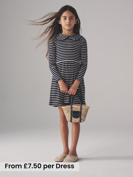 Navy/Red/Stripe - 3 Pack Rib Long Sleeve Collar Dresses (F59664) | £22.50 - £28