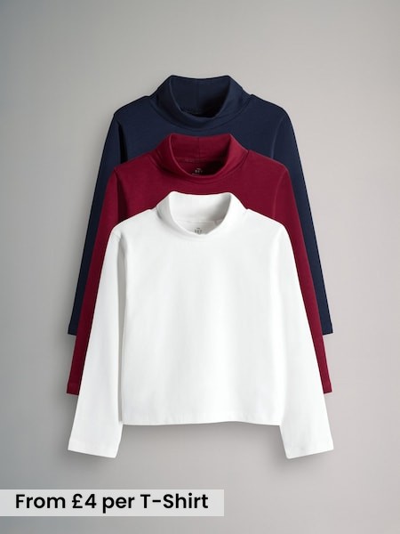 Red/Navy Blue/Cream - 3 Pack Long Sleeve Roll Neck Cotton T-Shirts (F59666) | £12 - £16
