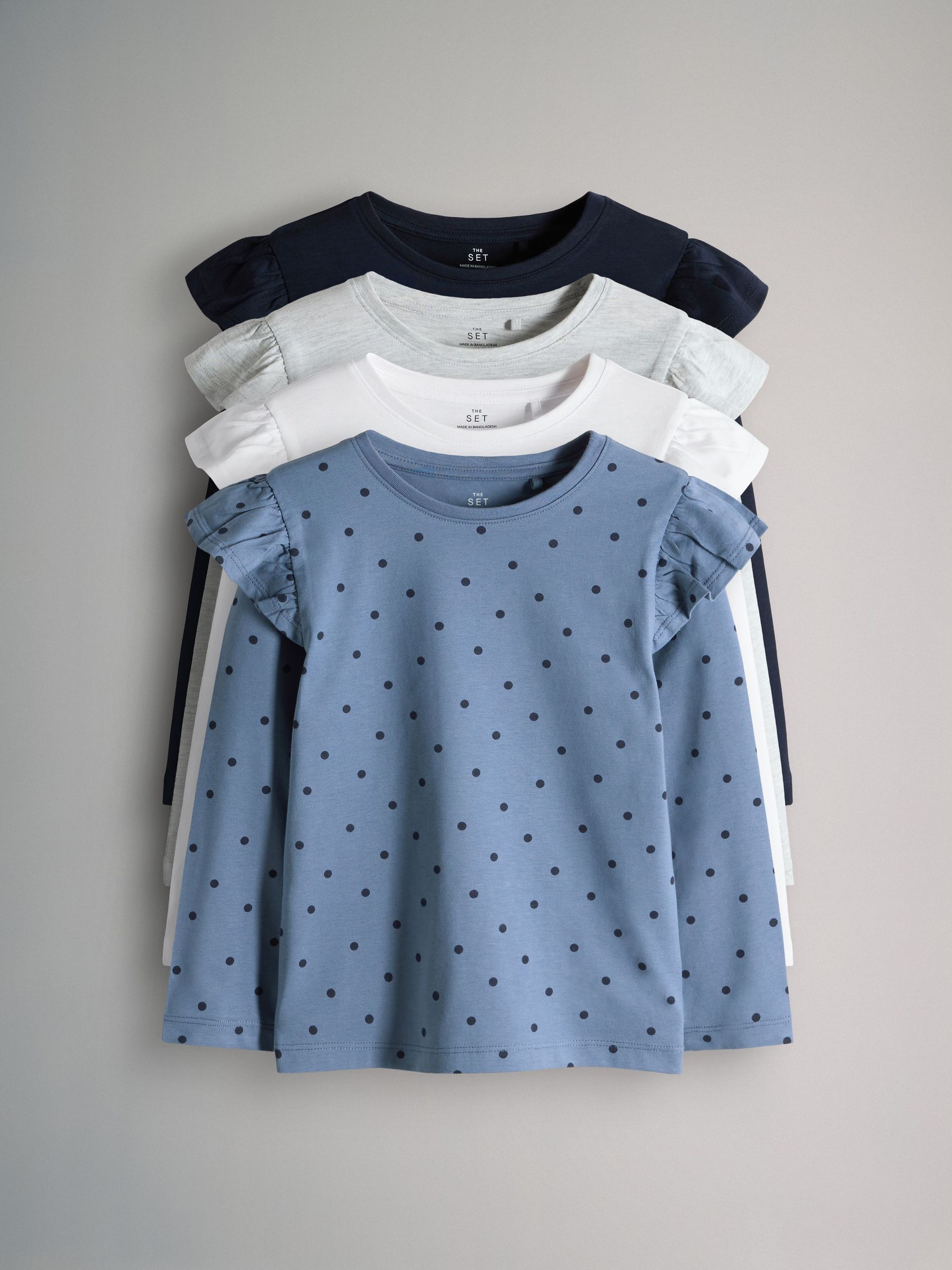 Navy/Grey Marl/White/Spot - 4 Pack Long Sleeve Ruffle Cotton T-Shirts (F59668) | £15 - £19