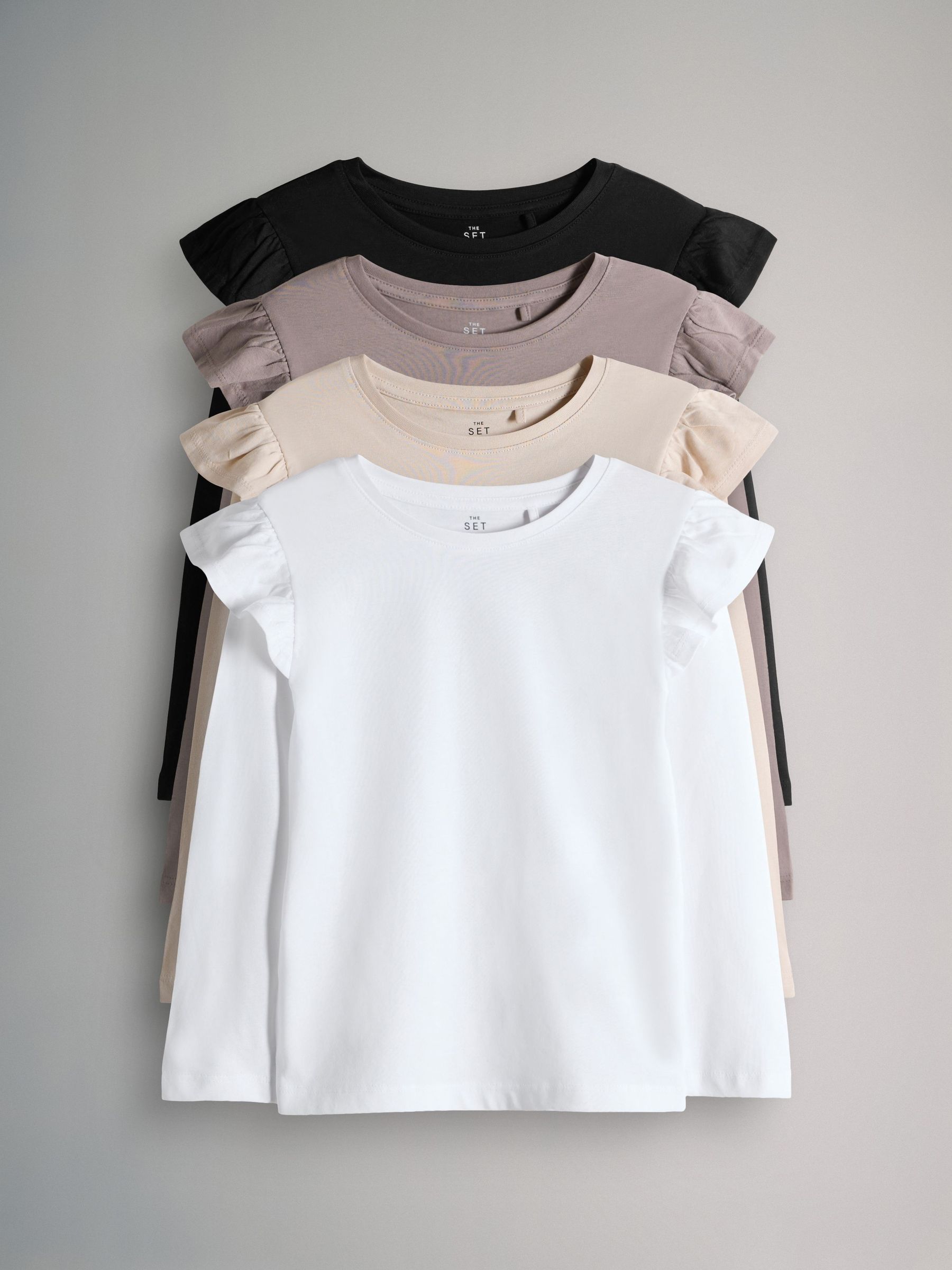 Black/Brown/Cream/White - 4 Pack Long Sleeve Ruffle Cotton T-Shirts (F59669) | £15 - £18