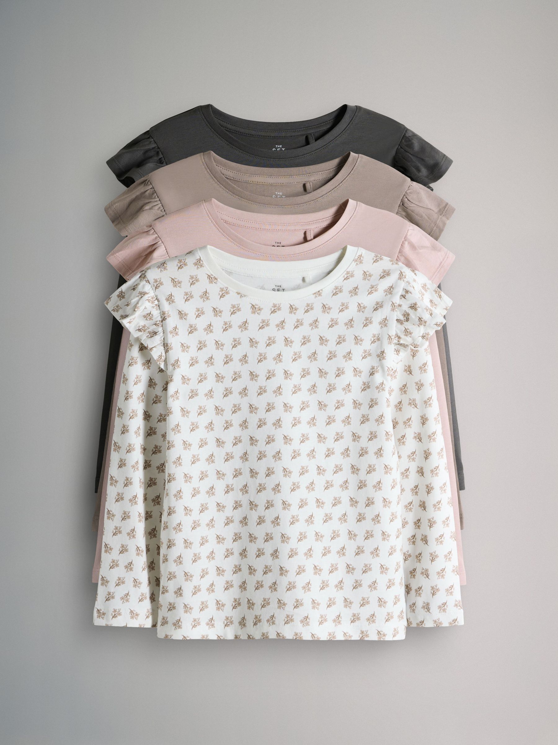 Grey/Brown/Pink/White - 4 Pack Long Sleeve Ruffle Cotton T-Shirts (F59670) | £15 - £19