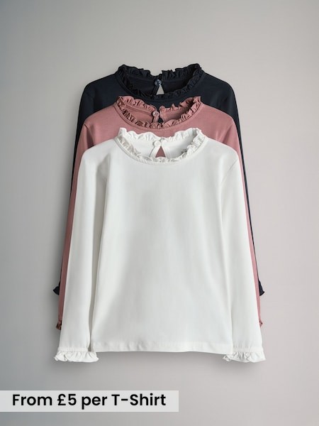 3 Pack Long Sleeve Frill Neck Cotton T-Shirts (F59671) | £15 - £20