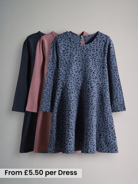 Navy Blue/Pink/Grey - 3 Pack Long Sleeve Skater Cotton Dresses (F59674) | £16.50 - £21
