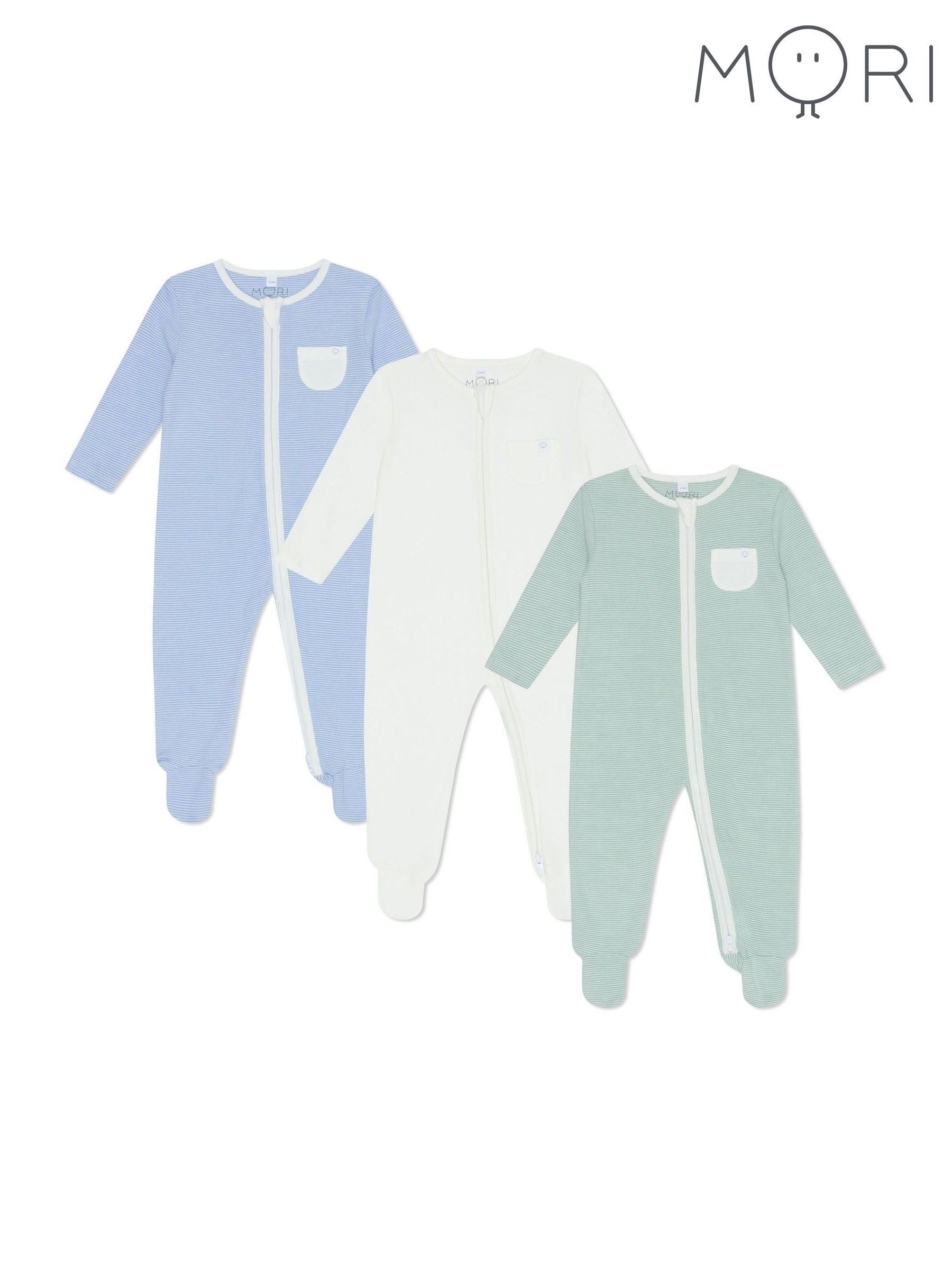 MORI Blue/White/Green Pack Supersoft Clever 2 Way Zip Up Sleepsuits (F59855) | £78