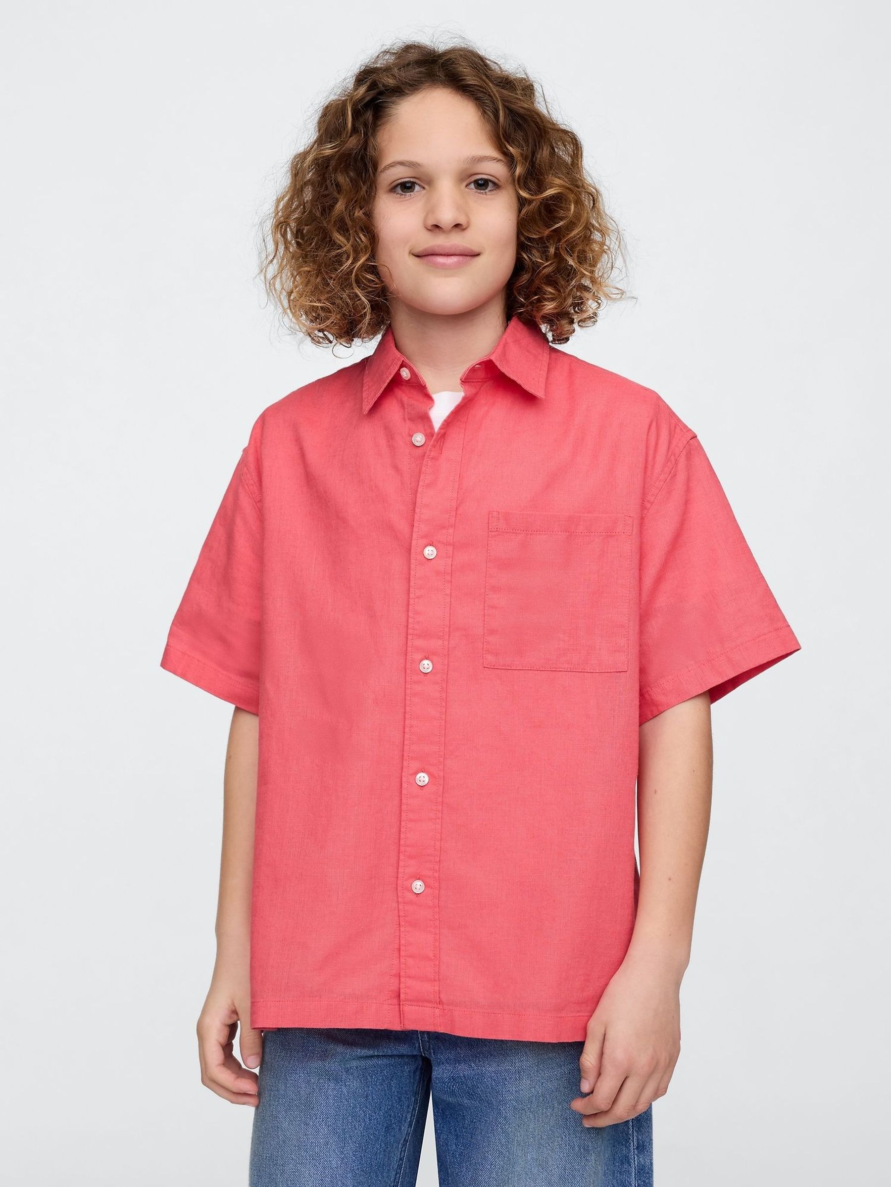 Coral Pink Linen-Cotton Relaxed Shirt (4-13yrs) (F61727) | £22