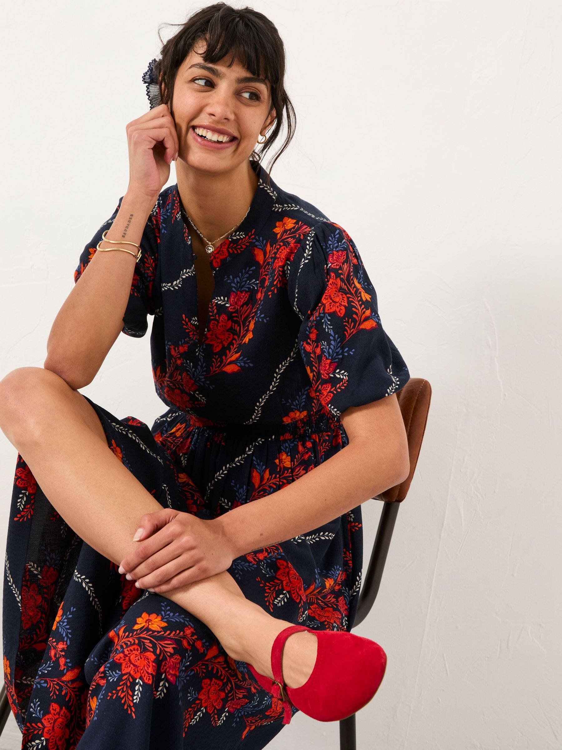 Becky Navy Folk Floral Petite Midi Dress (F64161) | £75