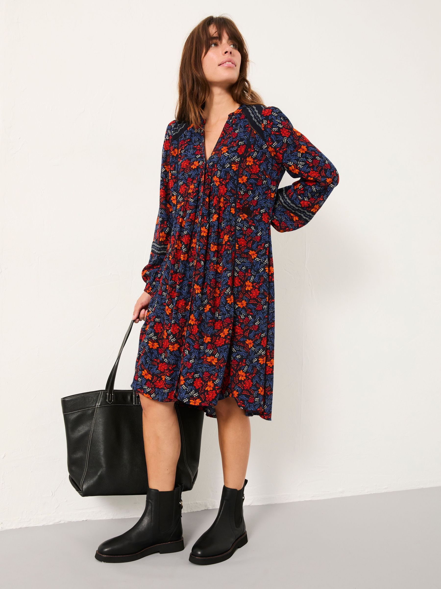 Steph Navy Folk Floral Petite Dress (F64175) | £65