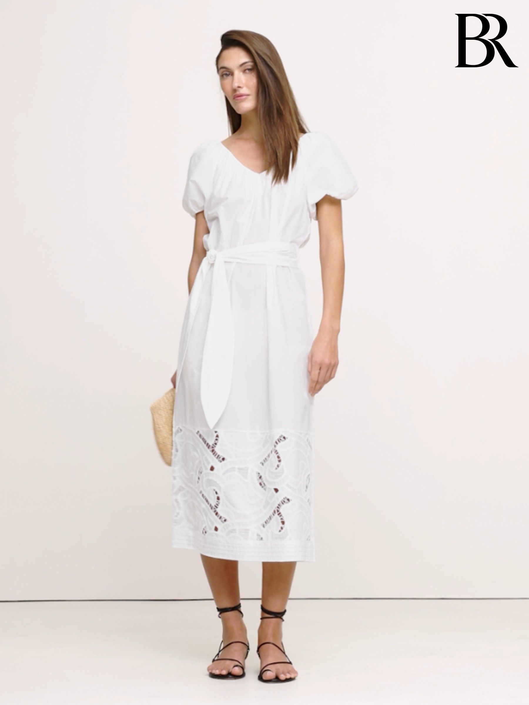 Banana Republic White V Neck Embroided Midi Dress (F64493) | £120