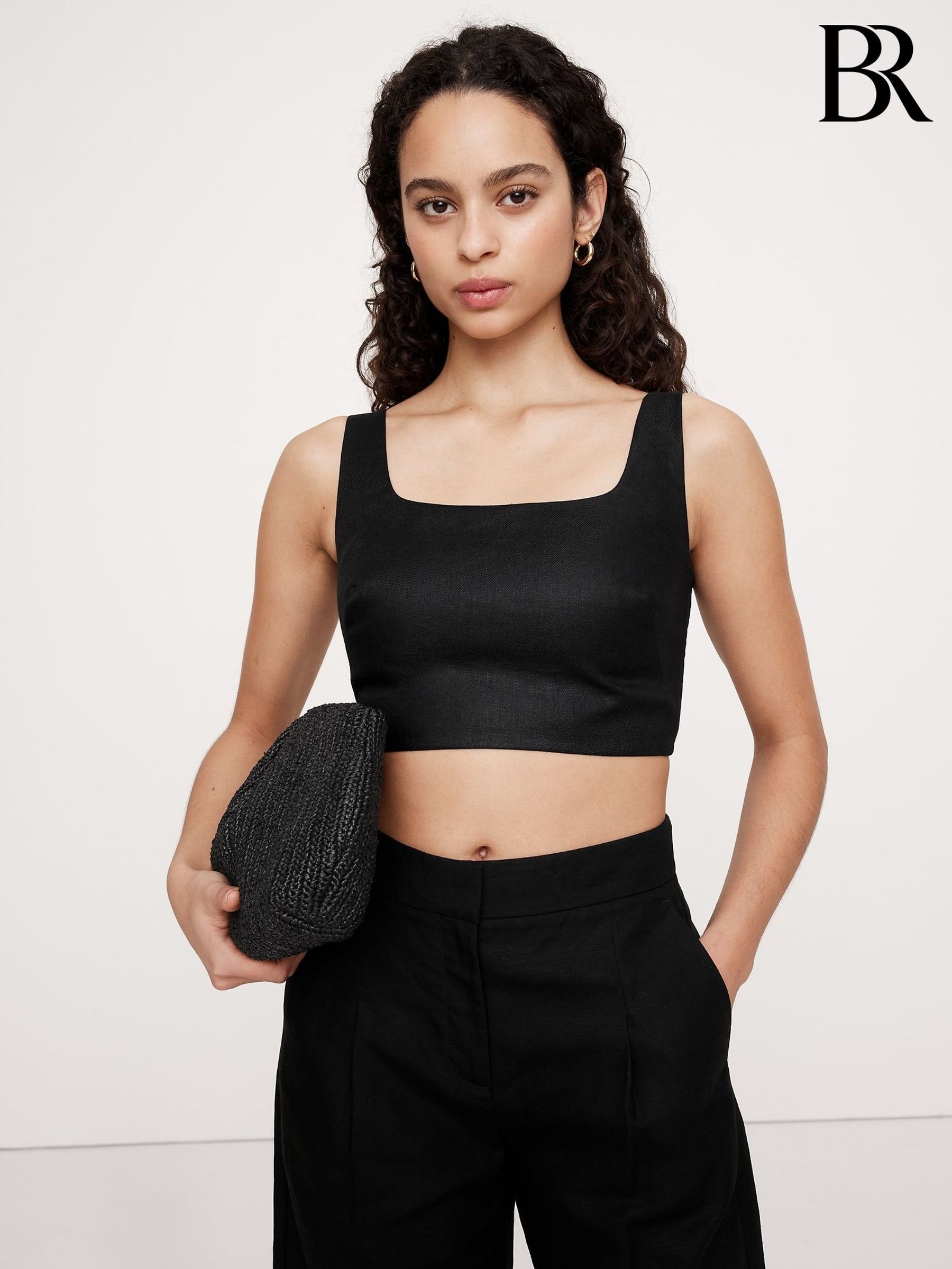 Banana Republic Black Linen Square-Neck Cropped Tank (F64495) | £80
