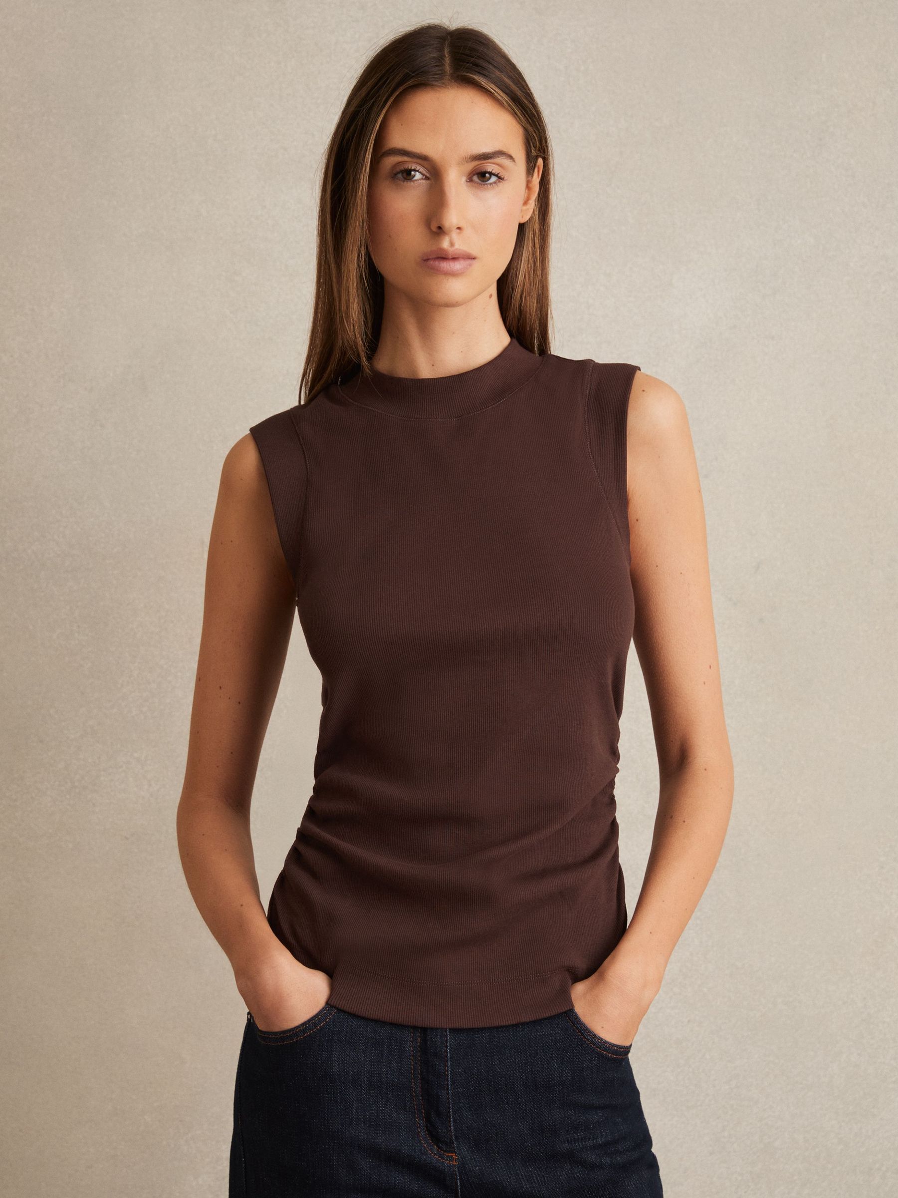 Ribbed Ruched Waist Vest in Chocolate (F67628) | £28