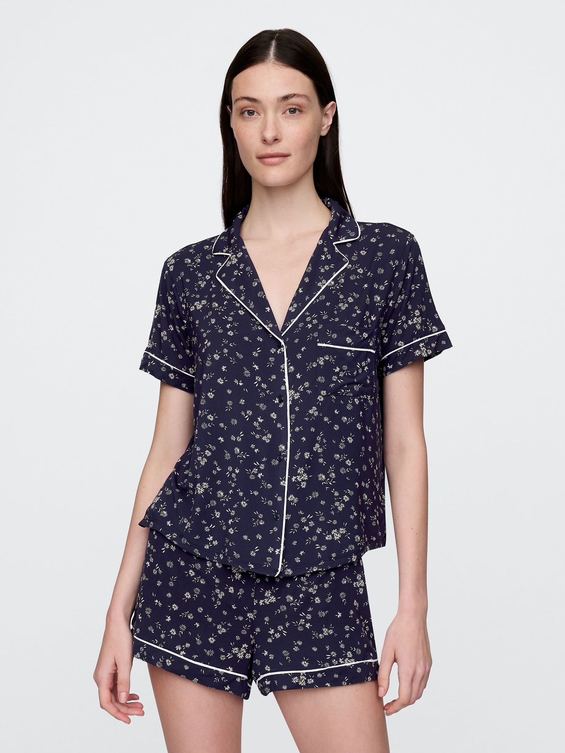 Navy Blue Floral Modal Short Sleeve Pyjama Top (F68090) | £25
