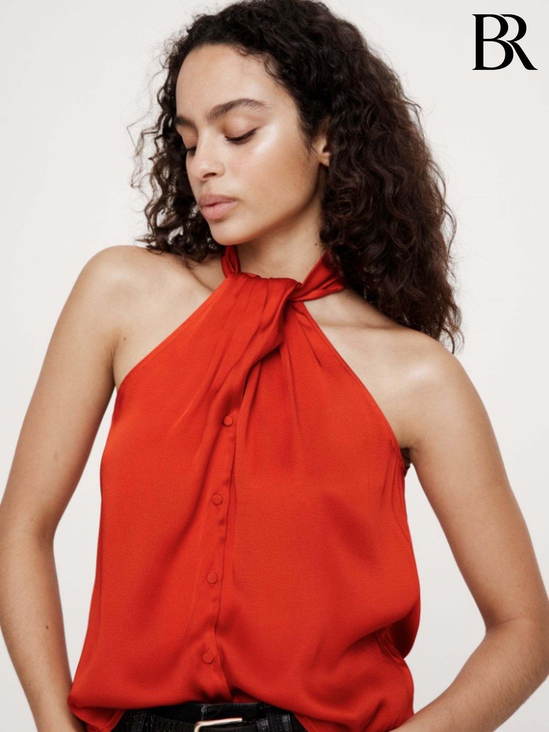 Banana Republic Red Hammered Satin Halter Button Down Top (F68100) | £70