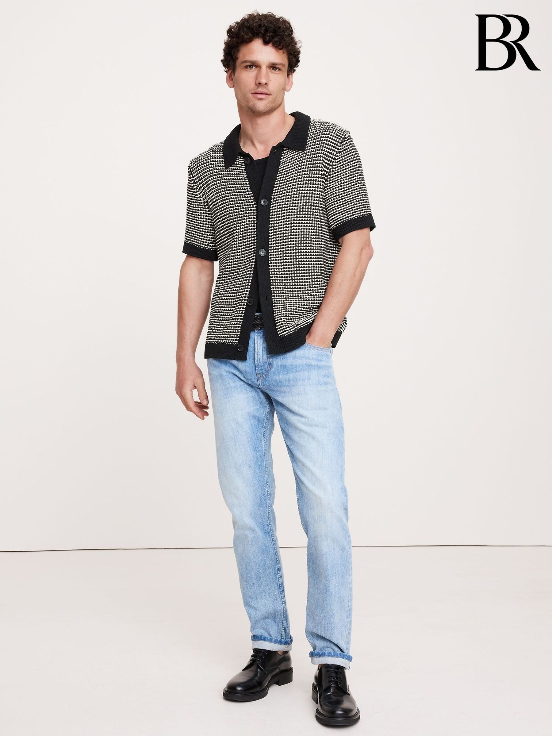 Banana Republic Black/White Waffle Knit Polo Shirt (F68117) | £105