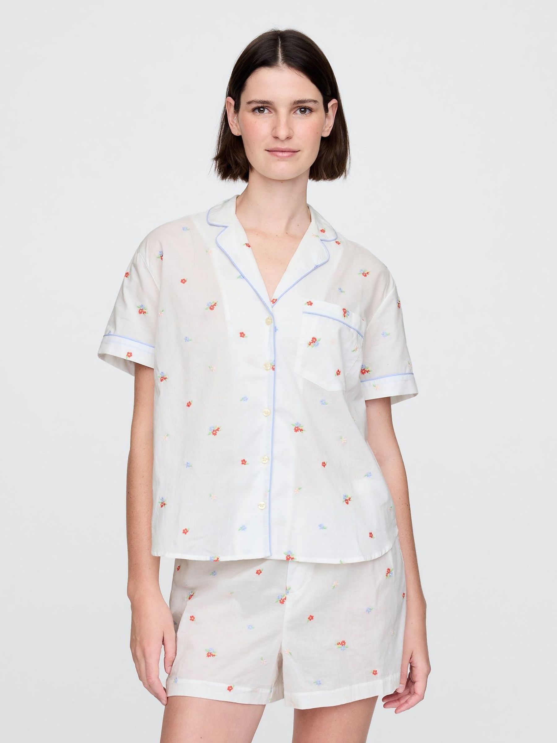 White Floral Cotton Embroidered Pyjama Shirt (F69165) | £40