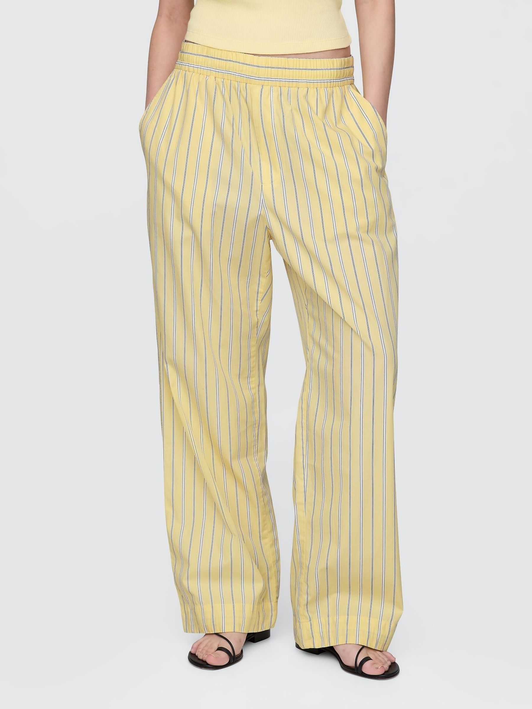 Yellow Cotton Poplin Striped Easy Wide-Leg Trousers (F69170) | £50