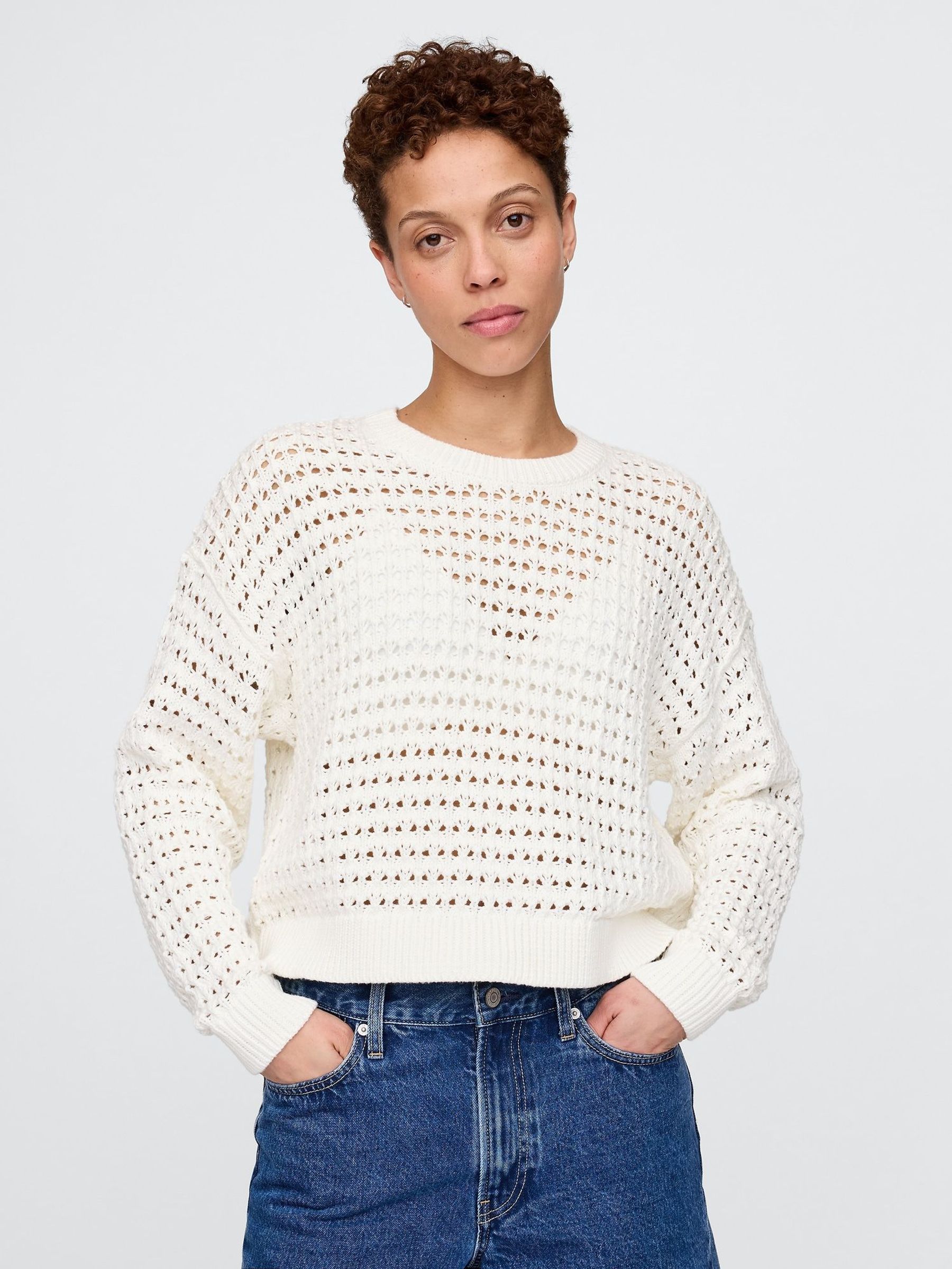 White 100% Cotton Oversized Crochet Crew Neck Jumper (F69171) | £50