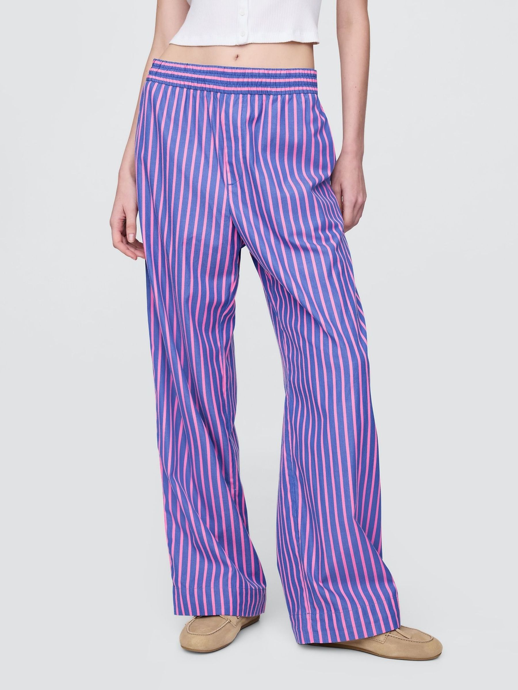 Blue/Pink Cotton Poplin Striped Easy Wide-Leg Trousers (F69172) | £50
