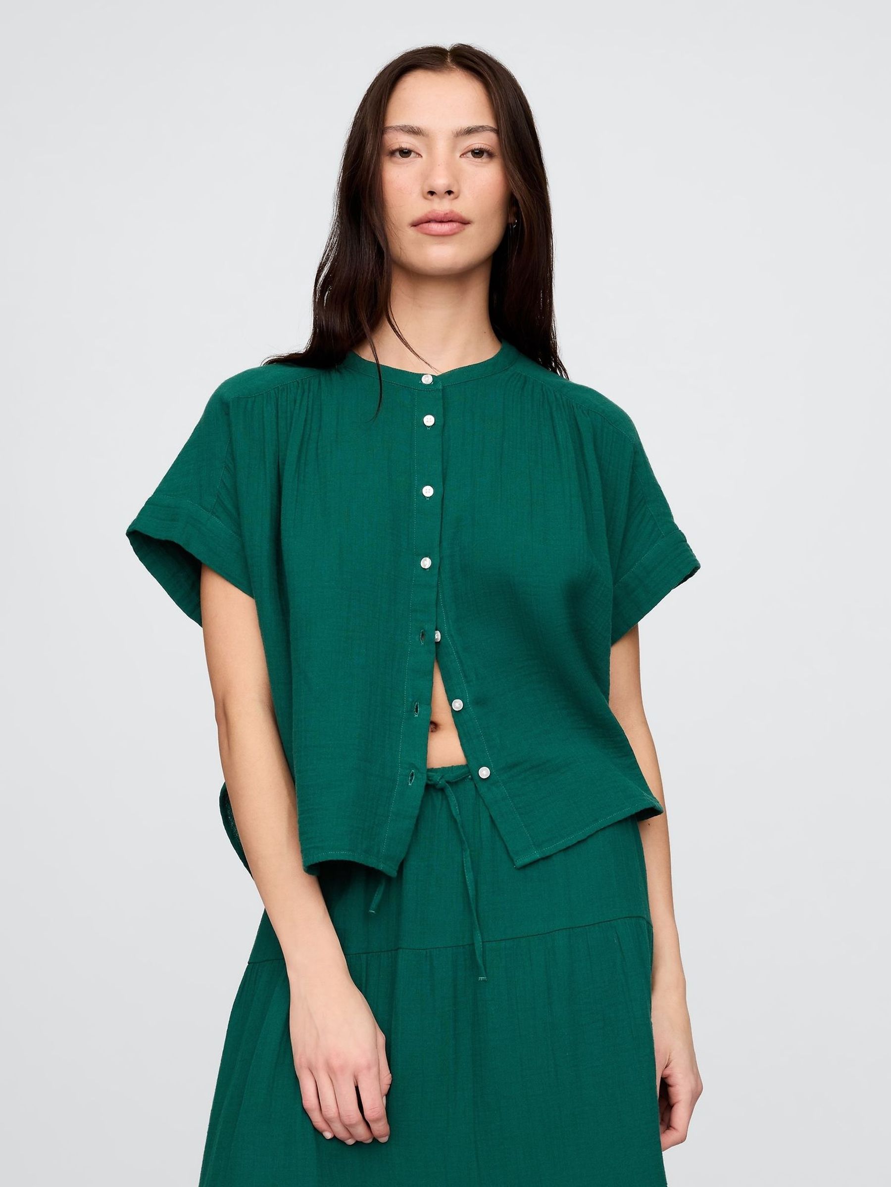 Green 100% Cotton Crinkle Gauze Dolman Short Sleeve Shirt (F69181) | £35