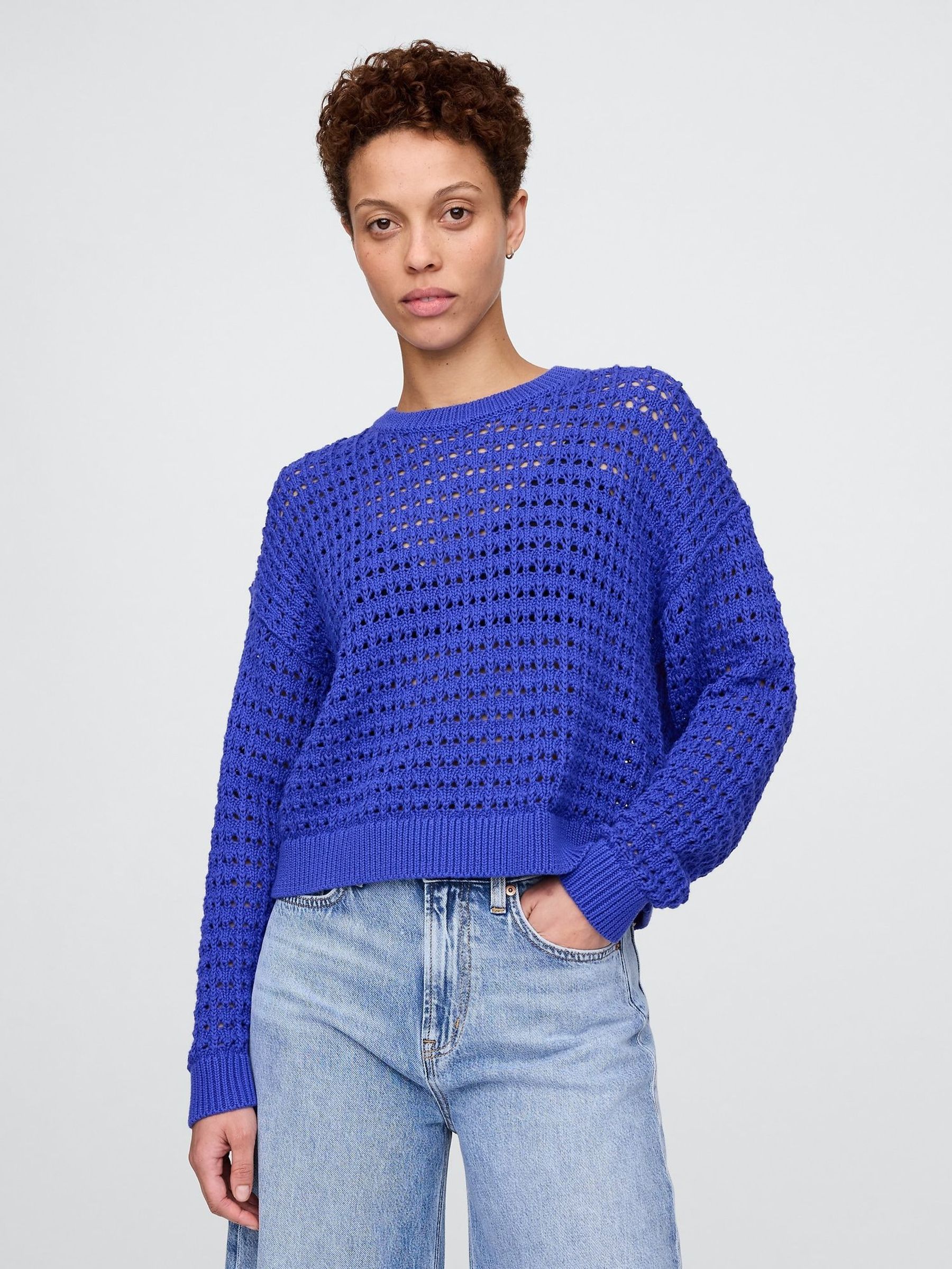 Blue 100% Cotton Oversized Crochet Crew Neck Jumper (F69182) | £50