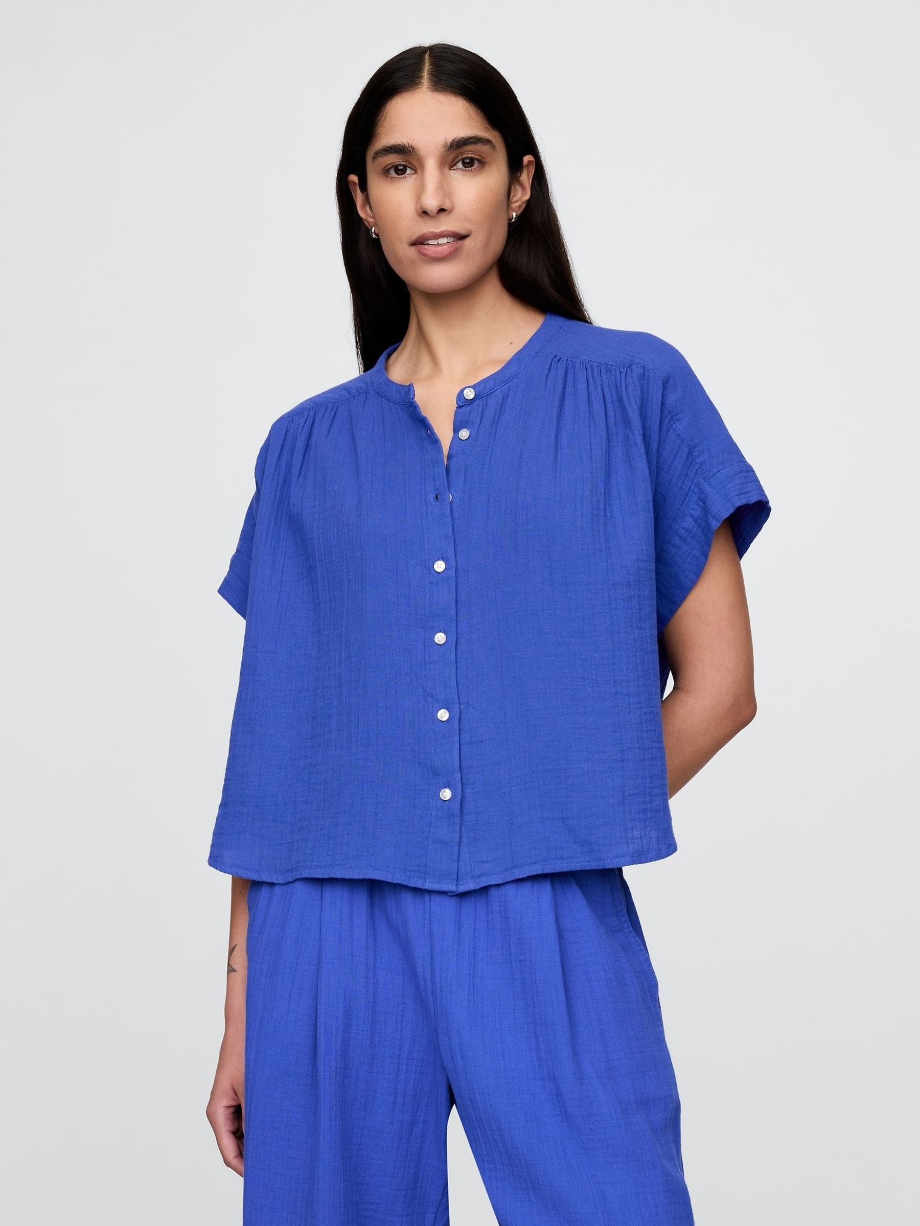 Blue 100% Cotton Crinkle Gauze Dolman Short Sleeve Shirt (F69191) | £35