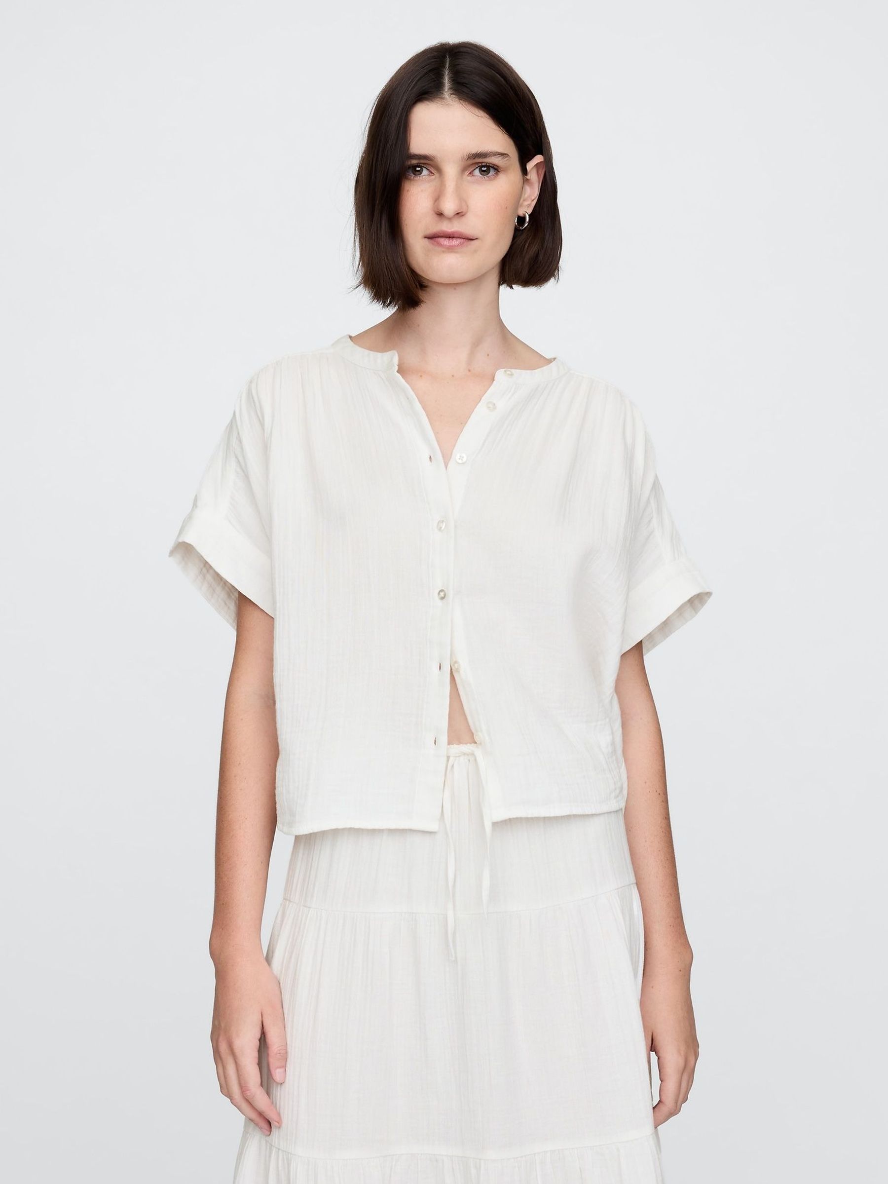 White 100% Cotton Crinkle Gauze Dolman Short Sleeve Shirt (F69193) | £35