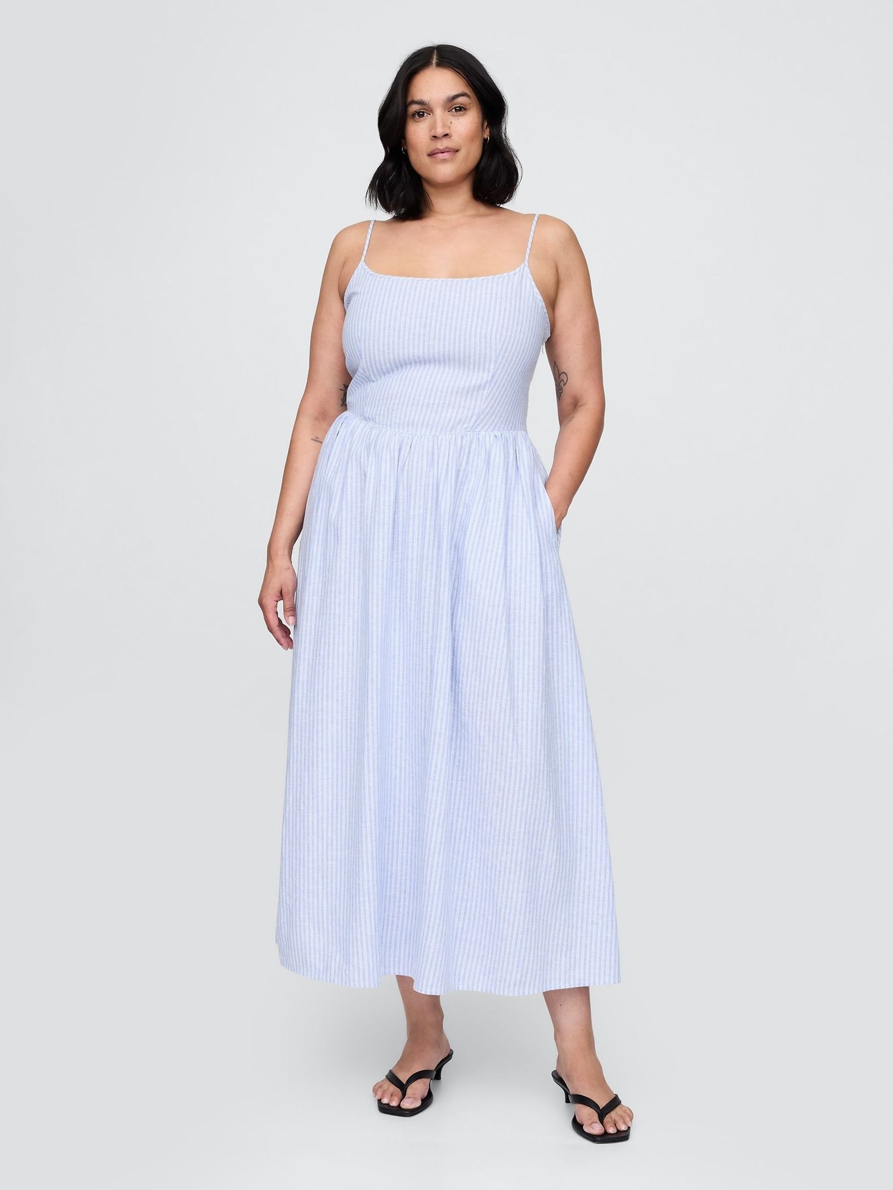Blue Pinstripe Linen-Blend Drop-Waist Maxi Dress (F69196) | £105