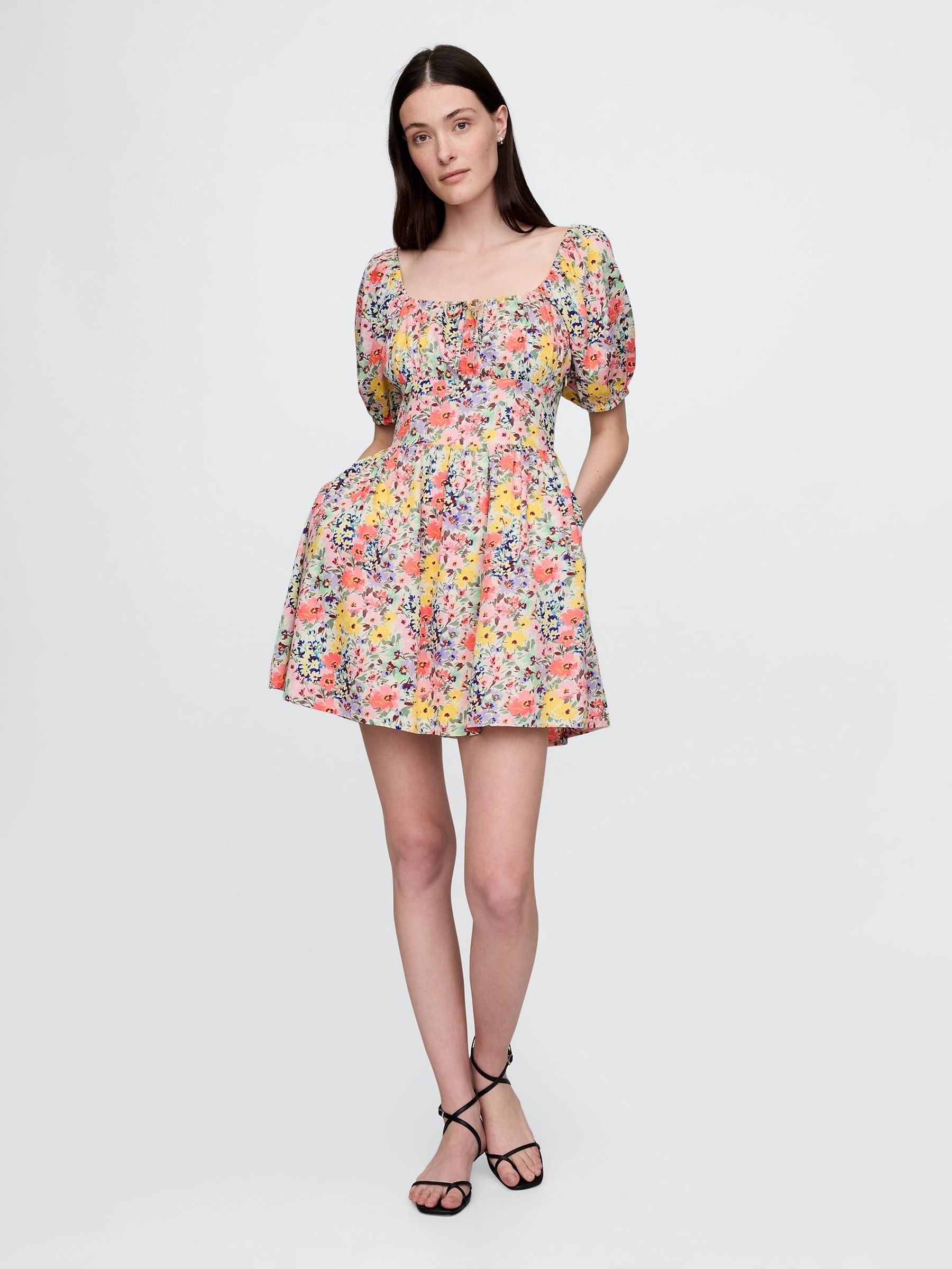 Black Multi Floral Puff-Sleeve Mini Dress (F69203) | £65