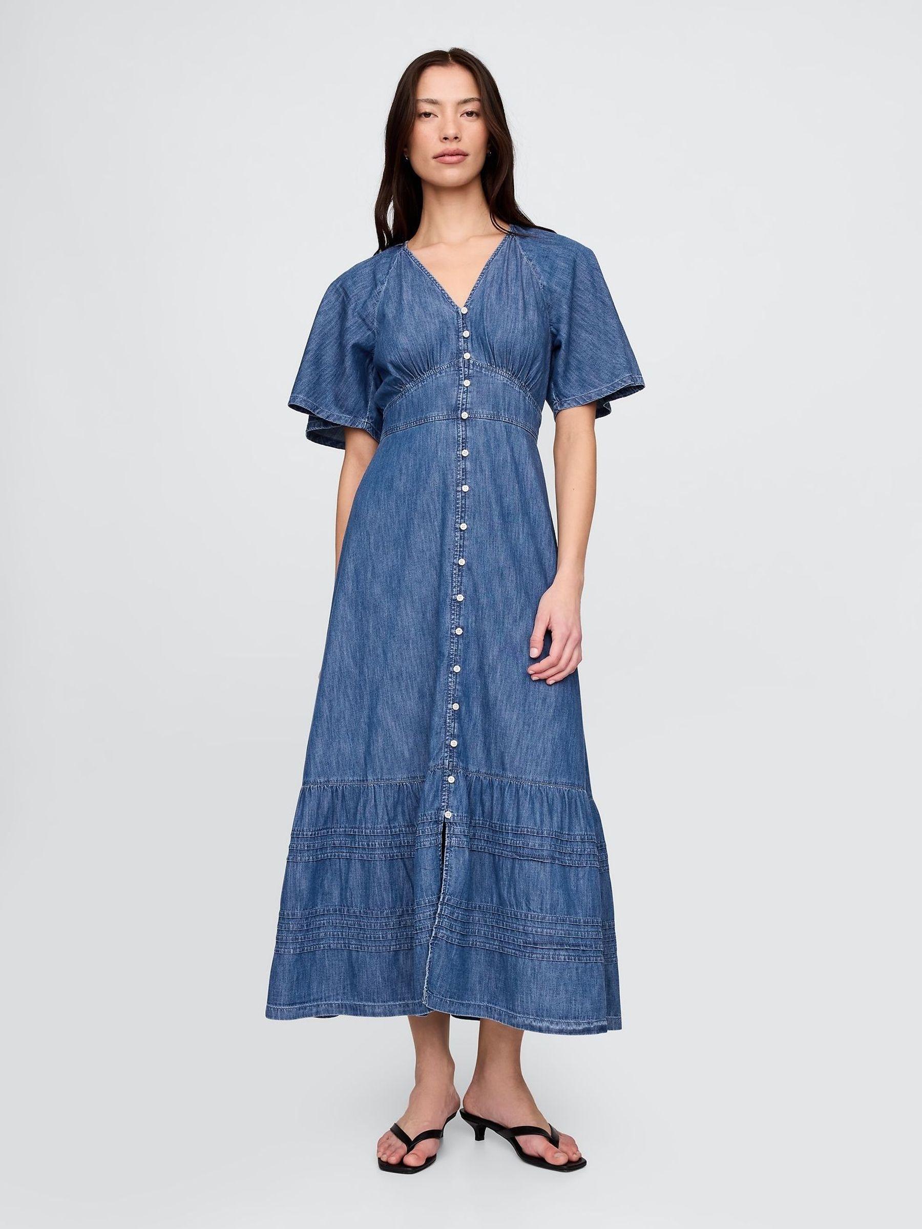 Blue Flutter-Sleeve Tiered Maxi Dress (F69204) | £95