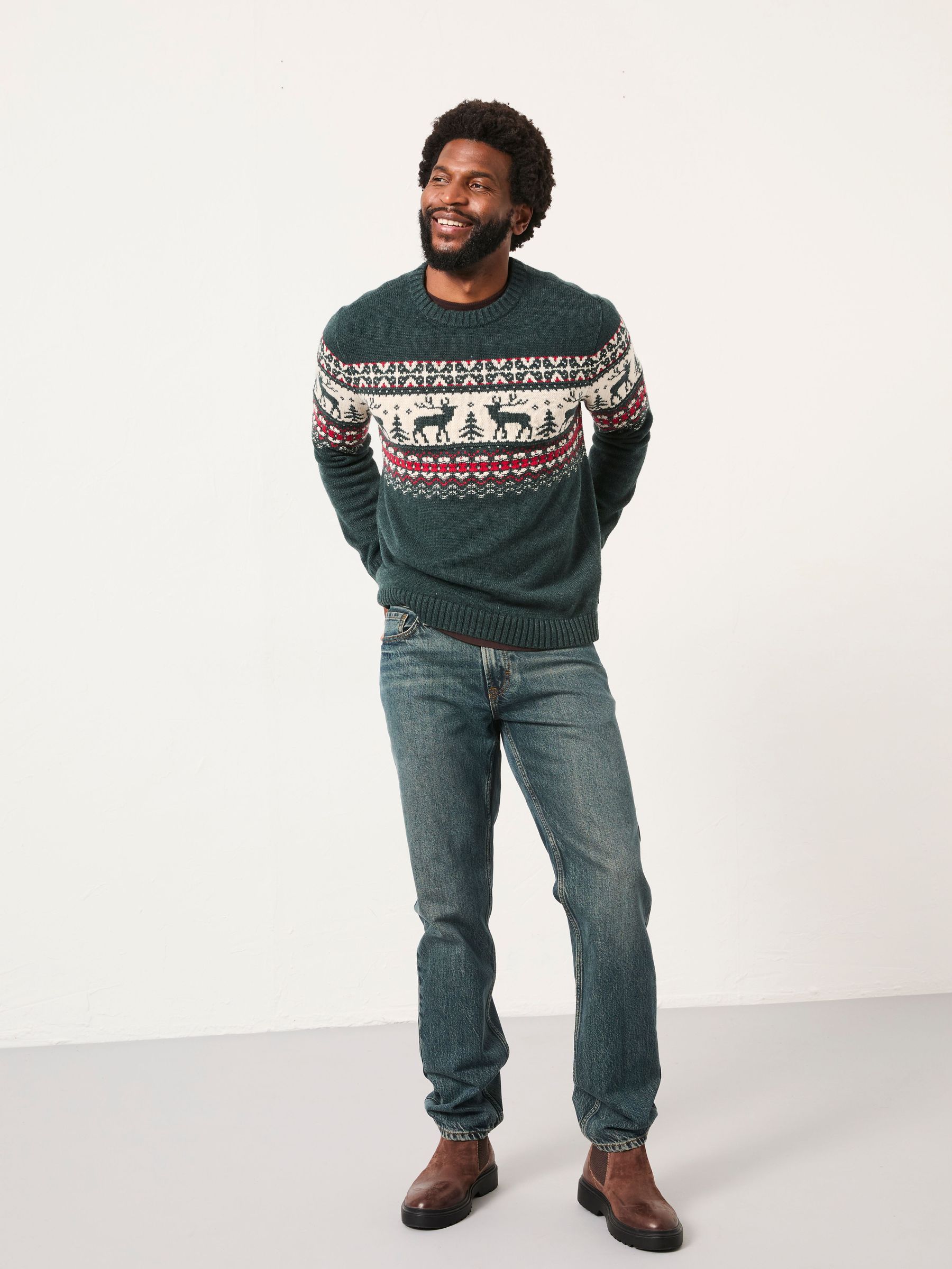 Dark Green Reindeer Fairisle Knitted Crew Jumper (F69635) | £55