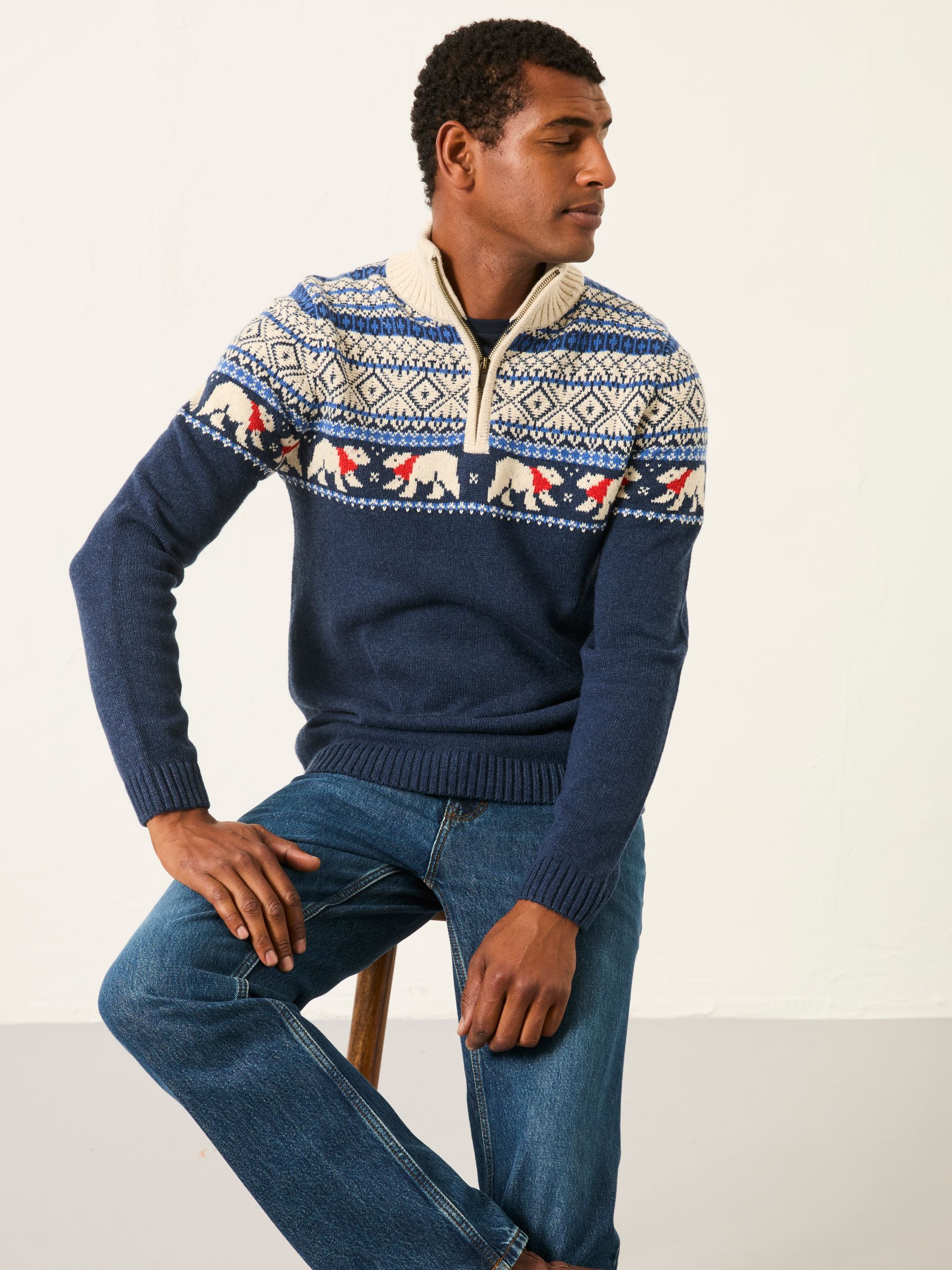 Navy Polar Bear Knitted Fairisle Half Neck Jumper (F69642) | £65